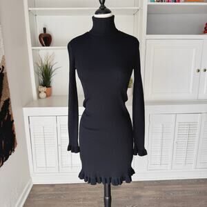 Ralph Lauren Black Wool Ribbed Knit Turtleneck Ruffle Trim Sweater Dress Size S